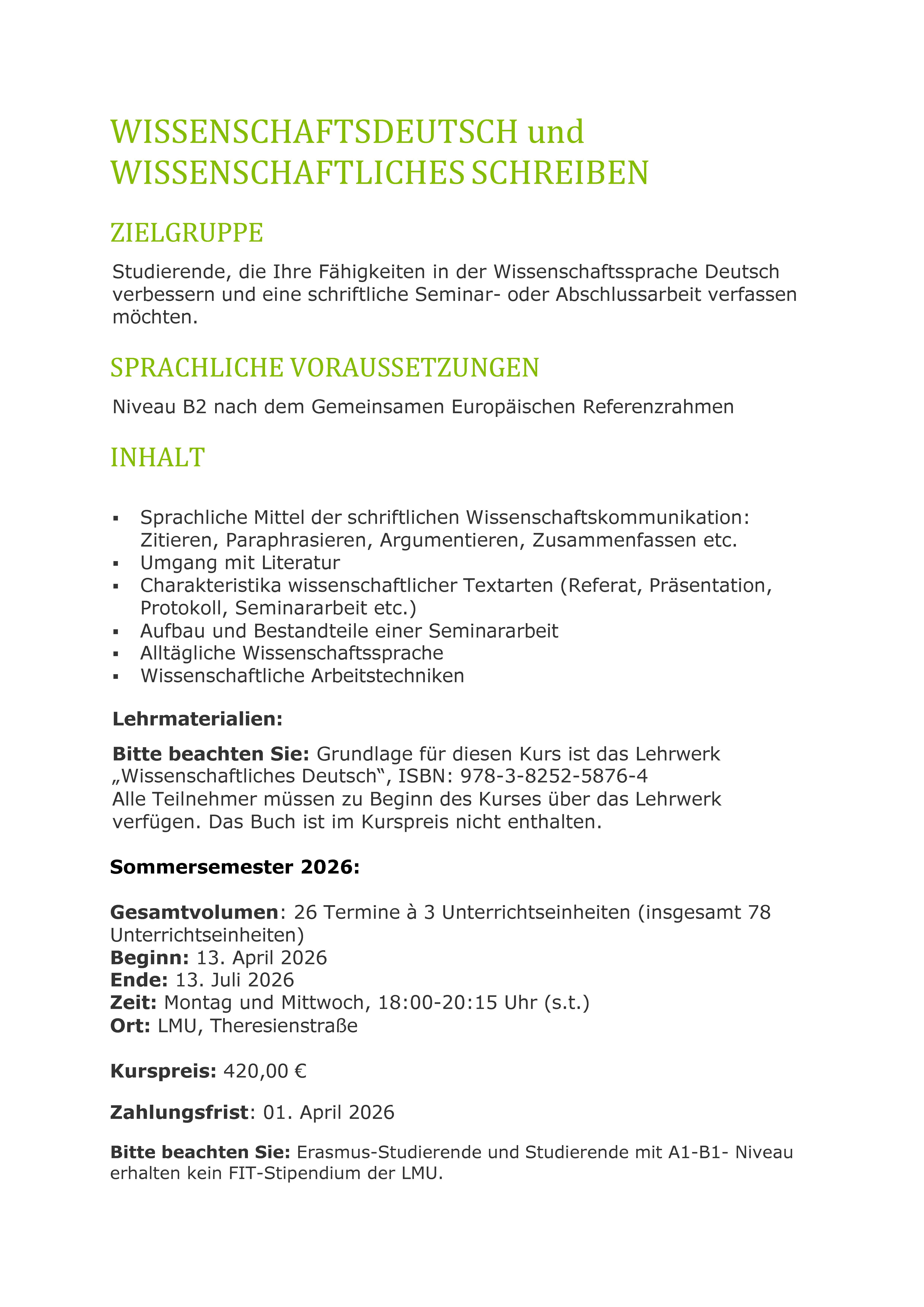 Plakat für Kurse in "Wissenschaftsdeutsch und wissenschaftliches Schreiben"